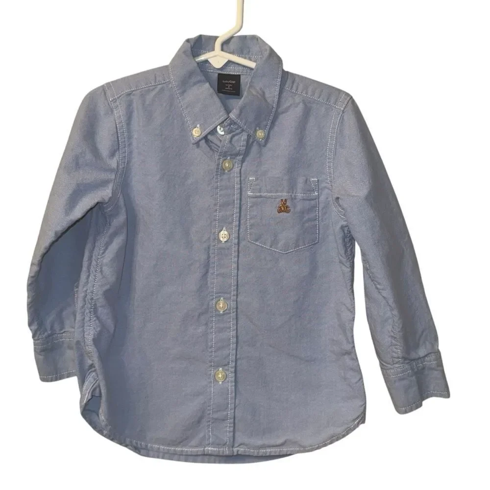 Baby Gap Light Blue Button Down Collared Shirt with Teddy Bear Logo